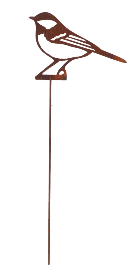 Piquet de jardin rouillé, mésange charbonnière
