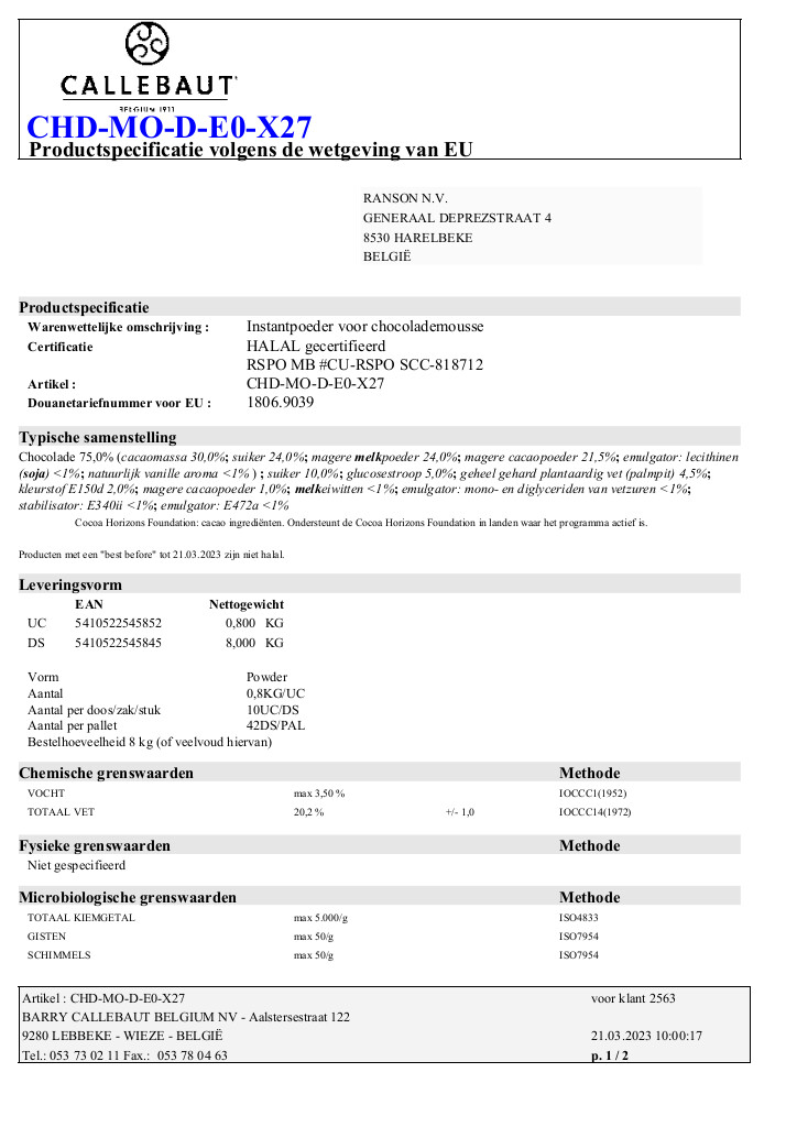 Donkere chocolademousse 75% - 800g Donkere chocolademousse 75% - 800g