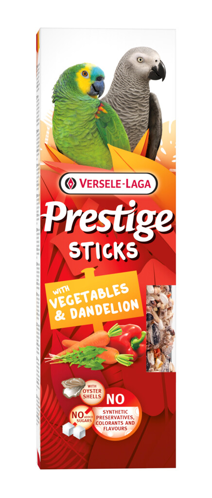 Prestige Sticks Papegaaien met Groenten & Paardenbloem - 2 stuks 140g Prestige Sticks Papegaaien met Groenten & Paardenbloem - 2 stuks 140g