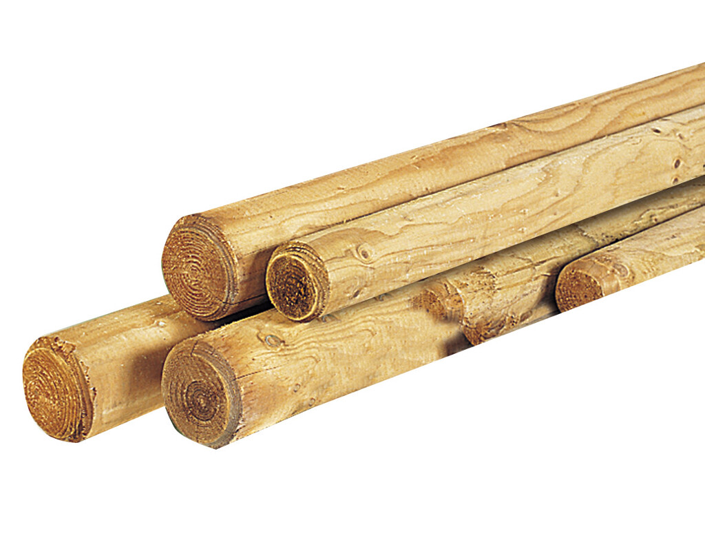 Poteau rond cylindrique en pin fraisé, imprégné vert.