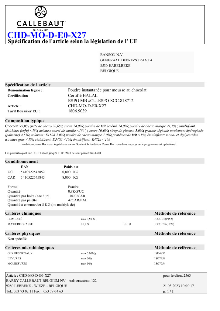 Donkere chocolademousse 75% - 800g Donkere chocolademousse 75% - 800g