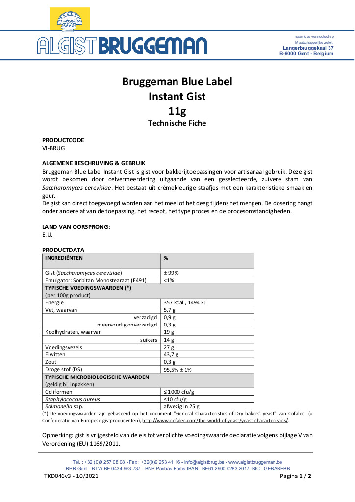 Levure sèche - Instant - Blue Label 5x11g Levure sèche - Instant - Blue Label 5x11g