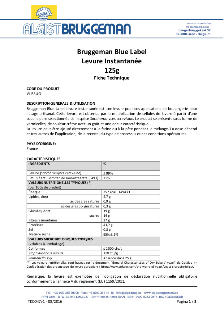 Levure sèche - Instant - Blue Label 125g Levure sèche - Instant - Blue Label 125g