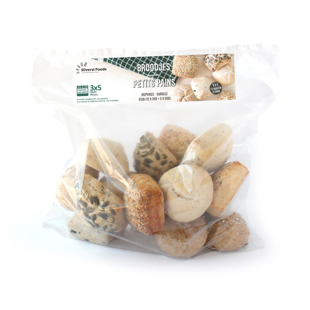 Assortiment mini hotelbroodje 5 soorten - 3x5 stuks Assortiment mini hotelbroodje 5 soorten - 3x5 stuks
