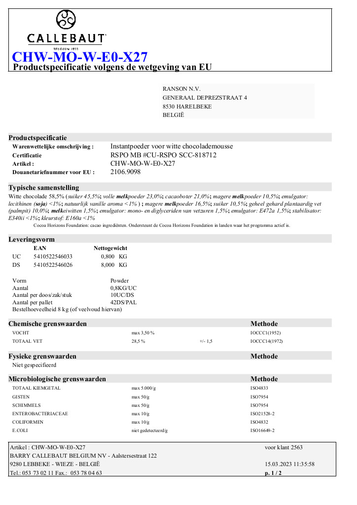 Witte chocolademousse 800g