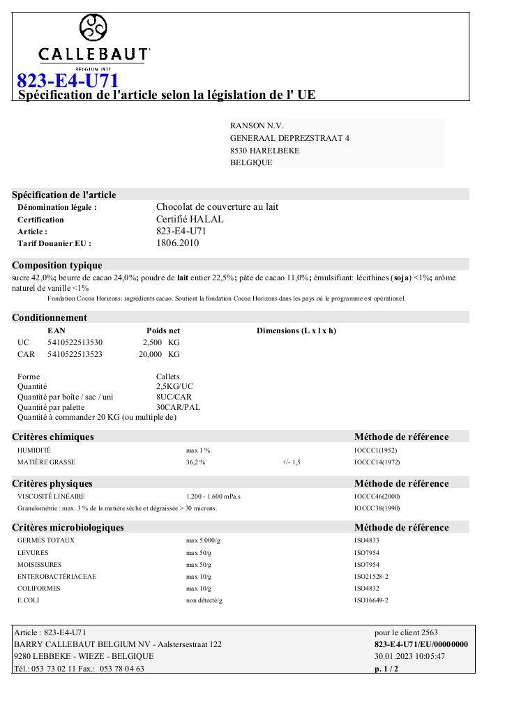 Chocolat au lait - callets™ - 823 - 2,5kg Chocolat au lait - callets™ - 823 - 2,5kg