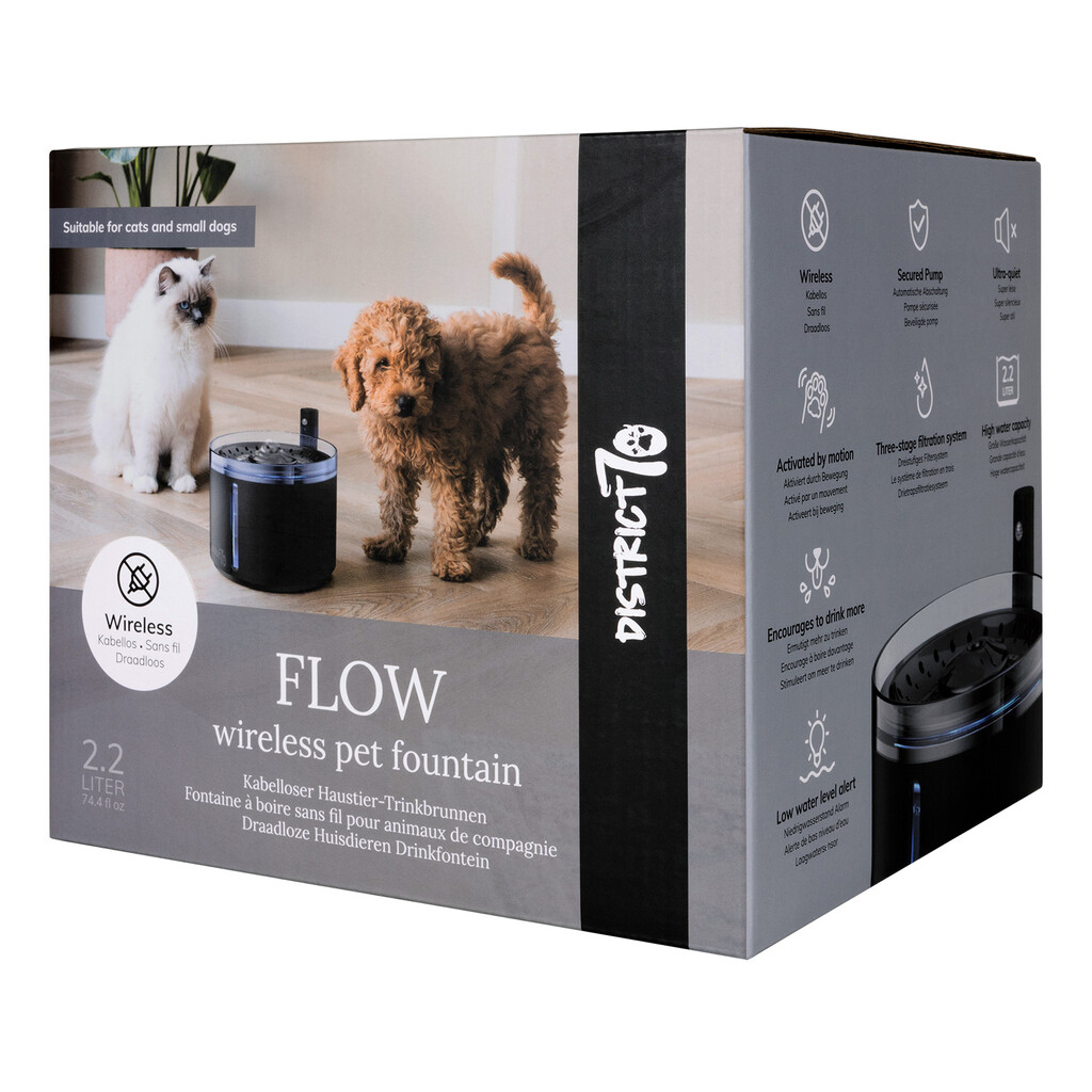 FLOW - Draadloze drinkfontein - Zwart - Superstil - Met bewegingssensor - 2,2 liter inhoud