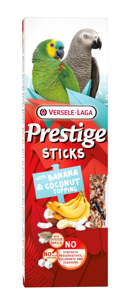 Prestige Sticks Perroquets avec Banane & Garniture de Coco - 2 pièces 140g Prestige Sticks Perroquets avec Banane & Garniture de Coco - 2 pièces 140g