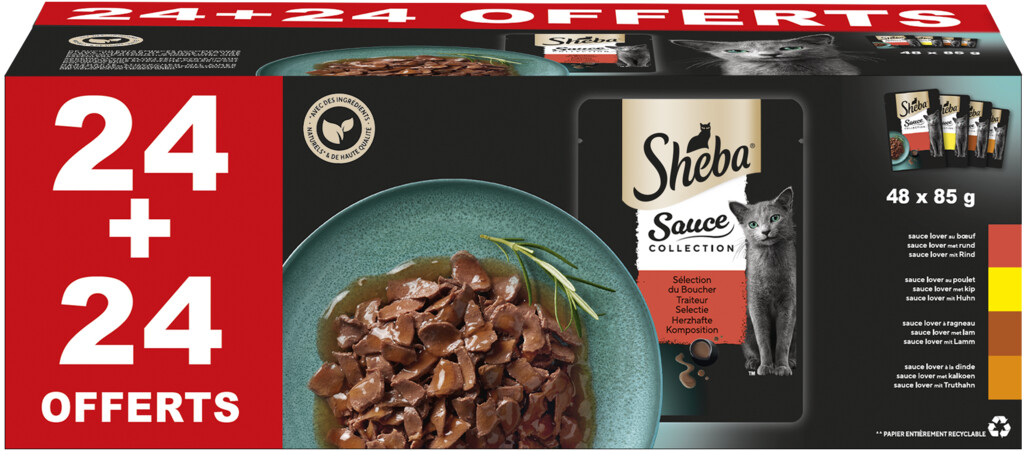 Patée pour chat Sélection du Boucher en sauce 24 + 24 pièces gratuites. DISPONIBLE JUSQU'À ÉPUISEMENT DES STOCKS.