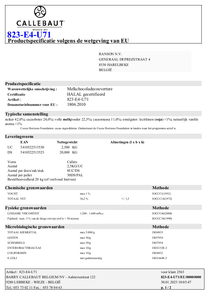 Chocolat au lait - callets™ - 823 - 2,5kg Chocolat au lait - callets™ - 823 - 2,5kg