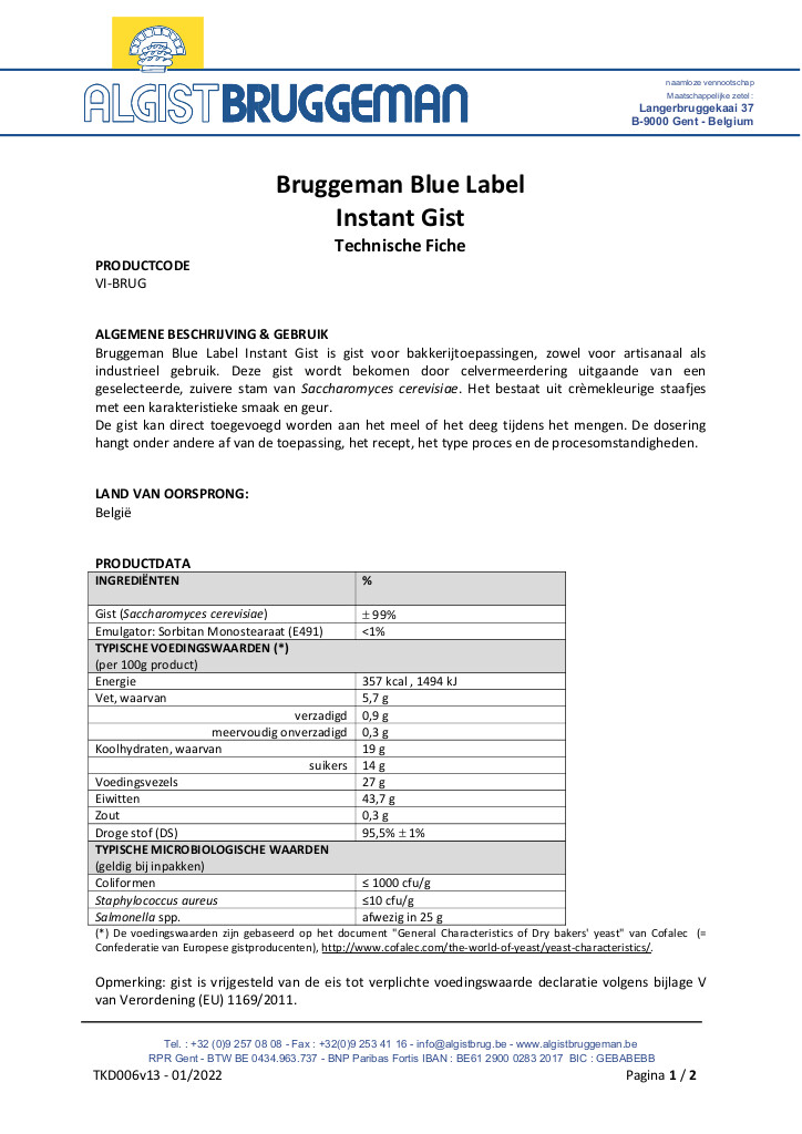 Levure sèche - Instant - Blue Label 500g