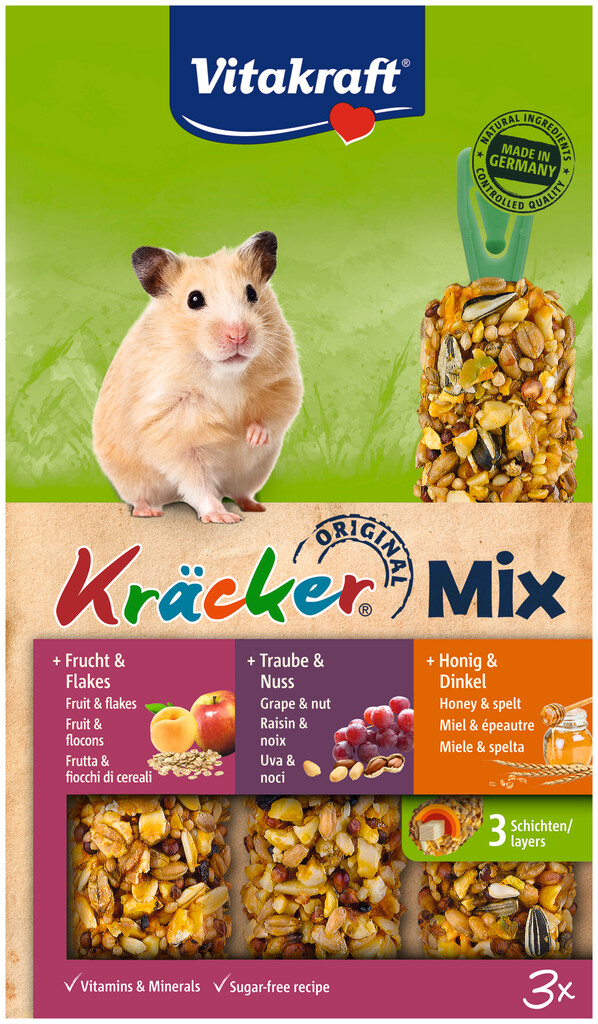 Kräcker hamsters Trio Mix honing/spelt-druif/noot-fruit/flakes Kräcker hamsters Trio Mix honing/spelt-druif/noot-fruit/flakes