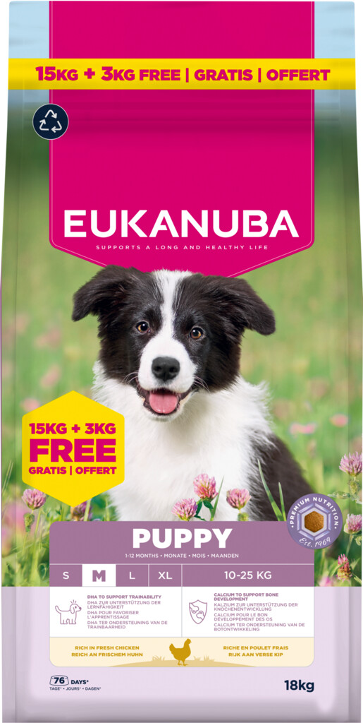 Dog puppy medium breed chicken 15 + 3 kg. VERKRIJGBAAR ZOLANG DE VOORRAAD STREKT.