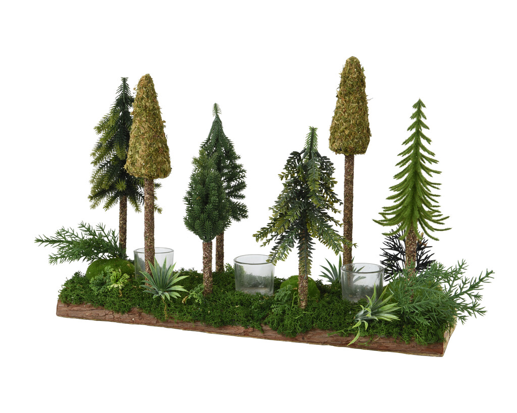 Composition de table avec arbres - 3 photophores - vert - 50x35x14cm